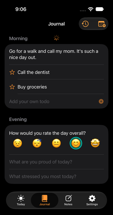 Journal tab: a morning free-text entry with two AI-suggested to-dos already turned into tappable items, and a 5-emoji evening rating