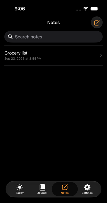 Notes tab: a searchable list with one note automatically titled Grocery list from its first line