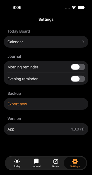 Settings tab: calendar picker, journal reminder toggles, and a manual backup export button