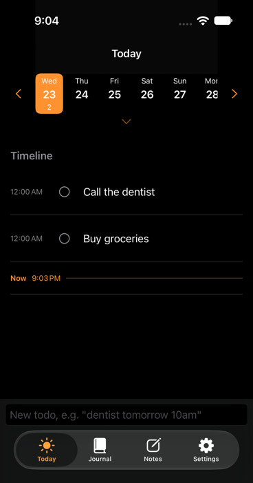Today tab: Wed 23 selected in the day strip, two reminders (Call the dentist, Buy groceries) on one timeline, quick-add field at the bottom