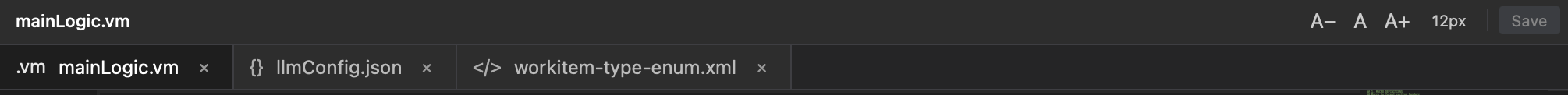 Tab bar with .vm, .json and .xml files open simultaneously