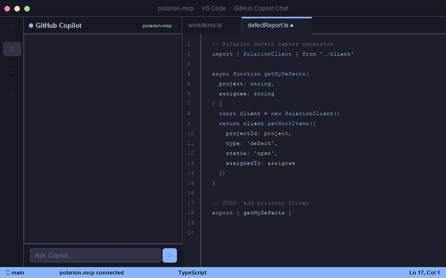 GitHub Copilot queries Polarion work items via polarion-mcp in VS Code